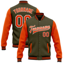 Load image into Gallery viewer, Custom Olive Orange-Black Bomber Full-Snap Varsity Letterman Two Tone Salute To Service Jacket