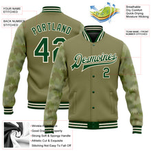 Load image into Gallery viewer, Custom Olive Green-Cream Camo Sleeves 3D Pattern Design Bomber Full-Snap Varsity Letterman Salute To Service Jacket