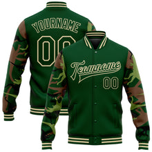 Load image into Gallery viewer, Custom Green Cream Dinosaur Camo Sleeves 3D Pattern Design Bomber Full-Snap Varsity Letterman Jacket