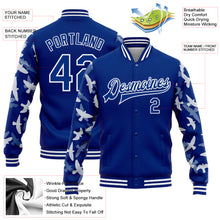 Load image into Gallery viewer, Custom Royal White Flying Bird Sleeves 3D Pattern Design Bomber Full-Snap Varsity Letterman Jacket