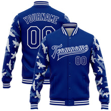 Load image into Gallery viewer, Custom Royal White Flying Bird Sleeves 3D Pattern Design Bomber Full-Snap Varsity Letterman Jacket