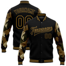 Load image into Gallery viewer, Custom Black Old Gold Horse Camo Sleeves 3D Pattern Design Bomber Full-Snap Varsity Letterman Jacket