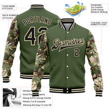Load image into Gallery viewer, Custom Olive Black-Cream Hawaii Palm Leaves Camo Sleeves 3D Bomber Full-Snap Varsity Letterman Salute To Service Jacket