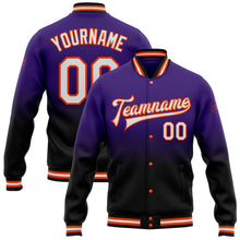Load image into Gallery viewer, Custom Purple White Black-Orange Bomber Full-Snap Varsity Letterman Fade Fashion Jacket