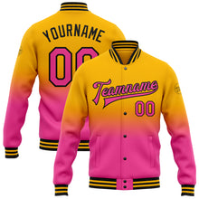 Load image into Gallery viewer, Custom Gold Pink-Black Bomber Full-Snap Varsity Letterman Fade Fashion Jacket