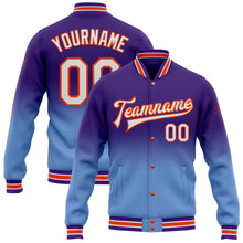 Load image into Gallery viewer, Custom Purple White Light Blue-Orange Bomber Full-Snap Varsity Letterman Fade Fashion Jacket