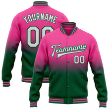 Load image into Gallery viewer, Custom Pink White-Kelly Green Bomber Full-Snap Varsity Letterman Fade Fashion Jacket