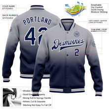 Load image into Gallery viewer, Custom Gray Navy-White Bomber Full-Snap Varsity Letterman Fade Fashion Jacket