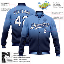 Load image into Gallery viewer, Custom Light Blue White-Navy Bomber Full-Snap Varsity Letterman Fade Fashion Jacket