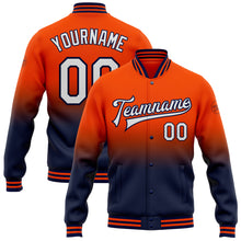 Load image into Gallery viewer, Custom Orange White-Navy Bomber Full-Snap Varsity Letterman Fade Fashion Jacket