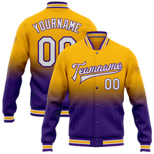 Load image into Gallery viewer, Custom Gold White-Purple Bomber Full-Snap Varsity Letterman Fade Fashion Jacket
