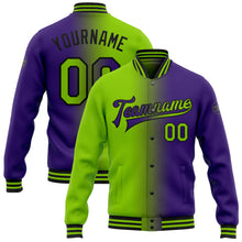 Load image into Gallery viewer, Custom Purple Neon Green-Black Bomber Full-Snap Varsity Letterman Gradient Fashion Jacket