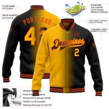 Load image into Gallery viewer, Custom Black Gold-Orange Bomber Full-Snap Varsity Letterman Gradient Fashion Jacket