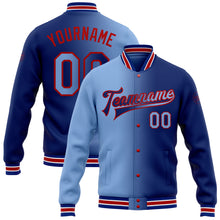 Load image into Gallery viewer, Custom Royal Light Blue-Red Bomber Full-Snap Varsity Letterman Gradient Fashion Jacket