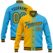 Load image into Gallery viewer, Custom Sky Blue Gold-Black Bomber Full-Snap Varsity Letterman Gradient Fashion Jacket