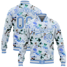 Load image into Gallery viewer, Custom White Light Blue Branches And Leaves 3D Pattern Design Bomber Full-Snap Varsity Letterman Jacket