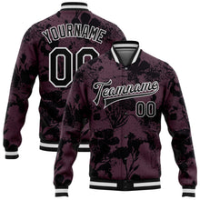 Load image into Gallery viewer, Custom Burgundy Black-White Plant And Flower 3D Pattern Design Bomber Full-Snap Varsity Letterman Jacket