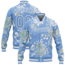 Load image into Gallery viewer, Custom Light Blue White Plant And Flower 3D Pattern Design Bomber Full-Snap Varsity Letterman Jacket