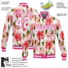 Load image into Gallery viewer, Custom Pink White Fuzzy Rose Art 3D Pattern Design Bomber Full-Snap Varsity Letterman Jacket