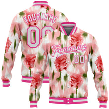 Load image into Gallery viewer, Custom Pink White Fuzzy Rose Art 3D Pattern Design Bomber Full-Snap Varsity Letterman Jacket