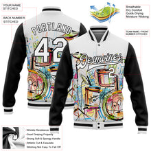 Load image into Gallery viewer, Custom White Black Graffiti Musical Instruments Music Festival 3D Pattern Design Bomber Full-Snap Varsity Letterman Jacket