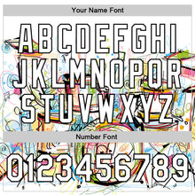 Load image into Gallery viewer, Custom White Black Graffiti Musical Instruments Music Festival 3D Pattern Design Bomber Full-Snap Varsity Letterman Jacket