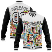 Load image into Gallery viewer, Custom White Black Graffiti Musical Instruments Music Festival 3D Pattern Design Bomber Full-Snap Varsity Letterman Jacket