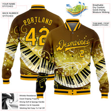 Load image into Gallery viewer, Custom Brown Gold-Black Piano Music Festival 3D Pattern Design Bomber Full-Snap Varsity Letterman Jacket