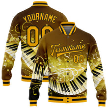 Load image into Gallery viewer, Custom Brown Gold-Black Piano Music Festival 3D Pattern Design Bomber Full-Snap Varsity Letterman Jacket