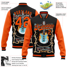 Load image into Gallery viewer, Custom Black Orange Vintage Rock Roll Music Festival 3D Pattern Design Bomber Full-Snap Varsity Letterman Jacket