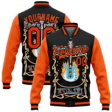 Load image into Gallery viewer, Custom Black Orange Vintage Rock Roll Music Festival 3D Pattern Design Bomber Full-Snap Varsity Letterman Jacket