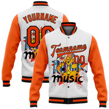 Load image into Gallery viewer, Custom White Orange-Black Rock Music Festival 3D Pattern Design Bomber Full-Snap Varsity Letterman Jacket