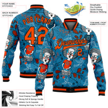 Load image into Gallery viewer, Custom Powder Blue Orange-Black Casual Music Festival 3D Pattern Design Bomber Full-Snap Varsity Letterman Jacket
