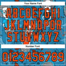 Load image into Gallery viewer, Custom Powder Blue Orange-Black Casual Music Festival 3D Pattern Design Bomber Full-Snap Varsity Letterman Jacket