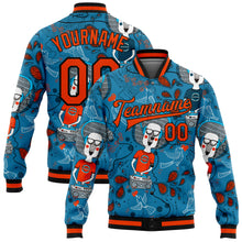 Load image into Gallery viewer, Custom Powder Blue Orange-Black Casual Music Festival 3D Pattern Design Bomber Full-Snap Varsity Letterman Jacket