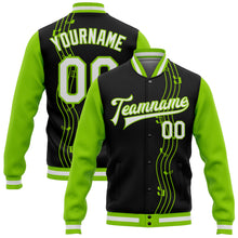Load image into Gallery viewer, Custom Black White-Neon Green Music Festival 3D Pattern Design Bomber Full-Snap Varsity Letterman Jacket