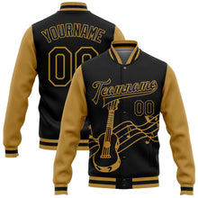 Load image into Gallery viewer, Custom Black Old Gold Guitar Music Festival 3D Pattern Design Bomber Full-Snap Varsity Letterman Jacket