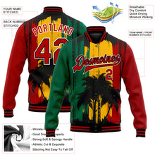 Load image into Gallery viewer, Custom Gold Red Black-Kelly Green Black History Month Hawaii Palm Trees 3D Bomber Full-Snap Varsity Letterman Jacket