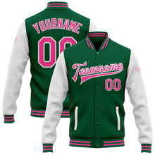 Load image into Gallery viewer, Custom Kelly Green Pink-White Bomber Full-Snap Varsity Letterman Two Tone Jacket