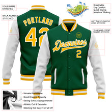Load image into Gallery viewer, Custom Kelly Green Gold-White Bomber Full-Snap Varsity Letterman Two Tone Jacket