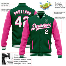 Load image into Gallery viewer, Custom Kelly Green White-Pink Bomber Full-Snap Varsity Letterman Two Tone Jacket