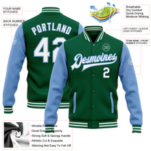 Load image into Gallery viewer, Custom Kelly Green White-Light Blue Bomber Full-Snap Varsity Letterman Two Tone Jacket