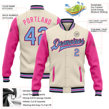 Load image into Gallery viewer, Custom Cream Light Blue Black-Pink Bomber Full-Snap Varsity Letterman Two Tone Jacket