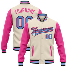 Load image into Gallery viewer, Custom Cream Light Blue Black-Pink Bomber Full-Snap Varsity Letterman Two Tone Jacket