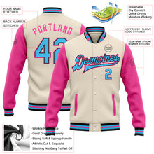 Load image into Gallery viewer, Custom Cream Sky Blue Black-Pink Bomber Full-Snap Varsity Letterman Two Tone Jacket