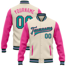 Load image into Gallery viewer, Custom Cream Aqua Black-Pink Bomber Full-Snap Varsity Letterman Two Tone Jacket