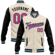 Load image into Gallery viewer, Custom Cream Pink Black-Aqua Bomber Full-Snap Varsity Letterman Two Tone Jacket