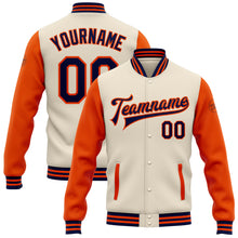 Load image into Gallery viewer, Custom Cream Navy-Orange Bomber Full-Snap Varsity Letterman Two Tone Jacket