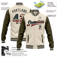 Load image into Gallery viewer, Custom Cream Vintage USA Flag Olive-Black Bomber Full-Snap Varsity Letterman Two Tone Jacket