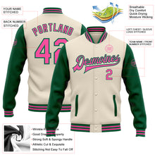 Load image into Gallery viewer, Custom Cream Pink-Kelly Green Bomber Full-Snap Varsity Letterman Two Tone Jacket